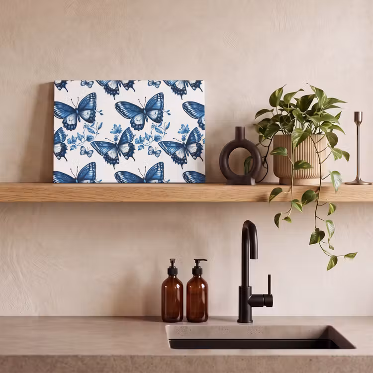 Canvas schilderij - Blauw - Vlinders - Bloemen - Wit — 3