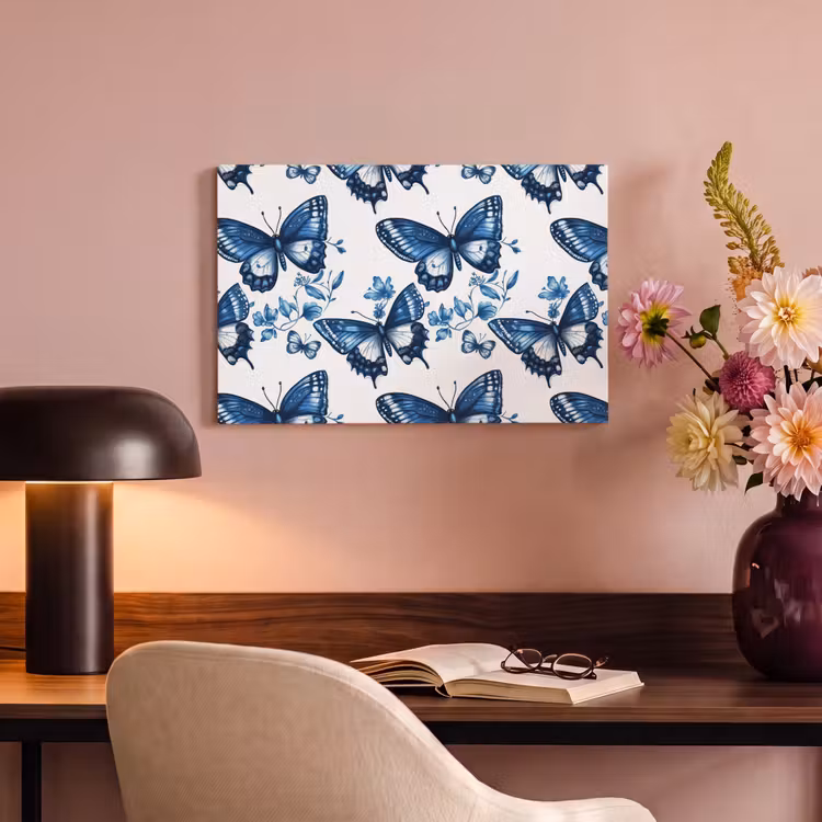 Canvas schilderij - Blauw - Vlinders - Bloemen - Wit — 4
