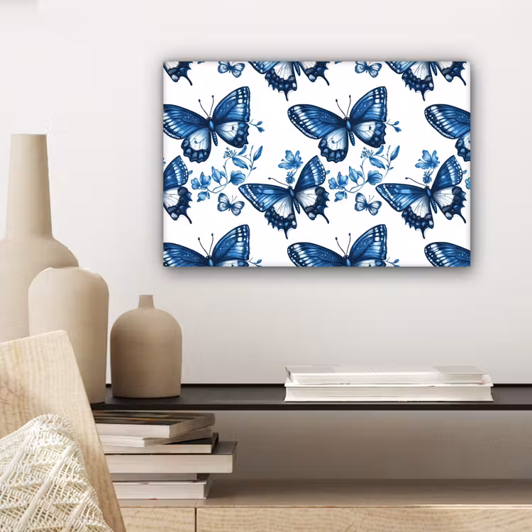 Canvas schilderij - Blauw - Vlinders - Bloemen - Wit — 5