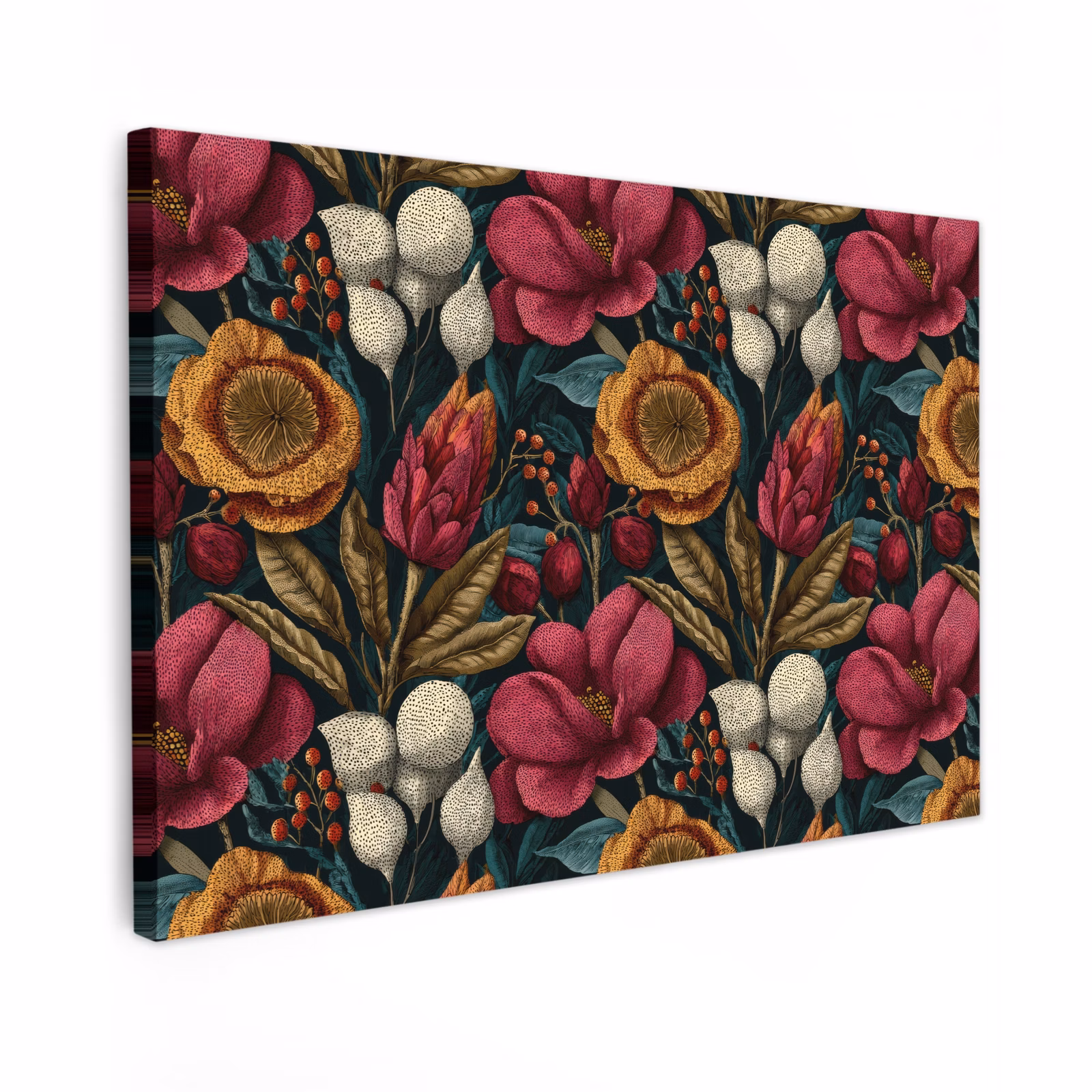 Canvas schilderij - Bloemen - Patroon - Rood - Goud — 1