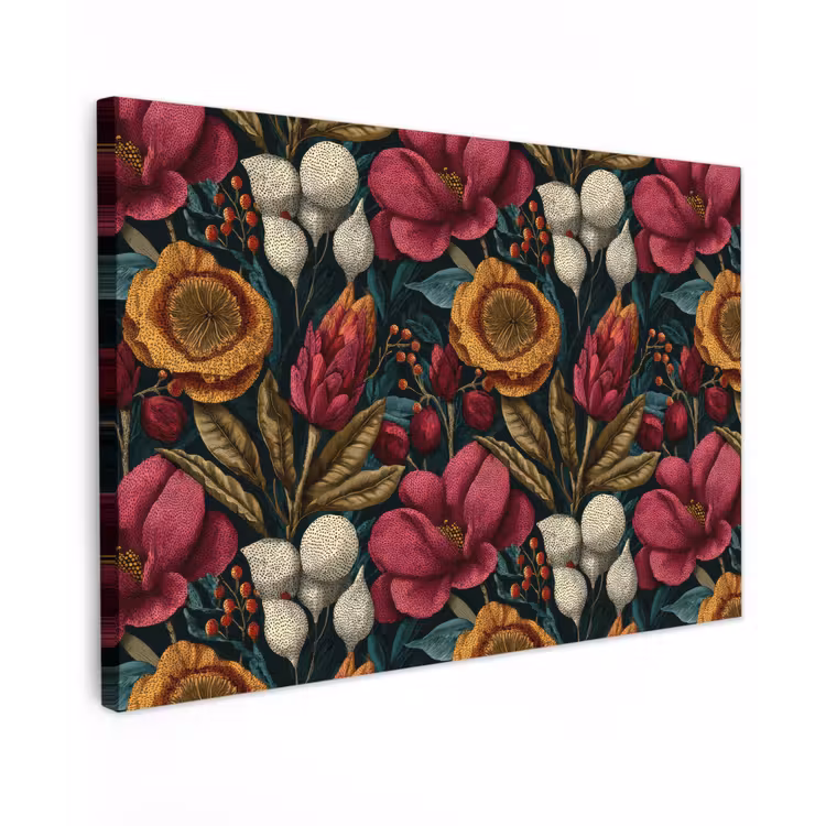 Canvas schilderij - Bloemen - Patroon - Rood - Goud — 1