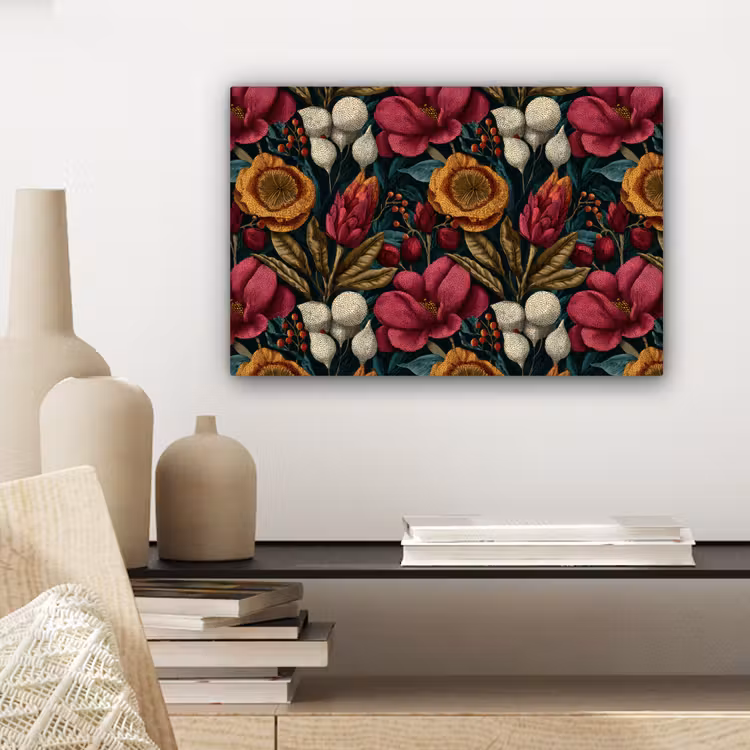 Canvas schilderij - Bloemen - Patroon - Rood - Goud — 5
