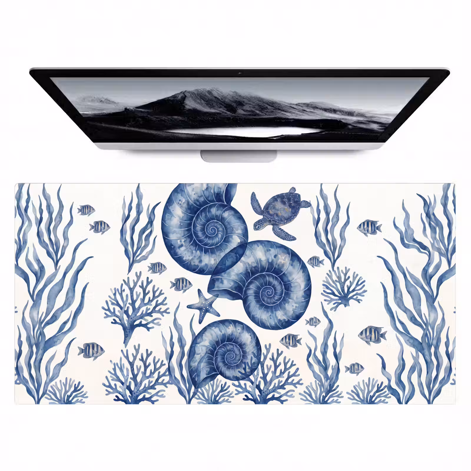 Bureau onderlegger - Schelp - Spiraal - Zeeleven - Aquarel - Blauw — 1