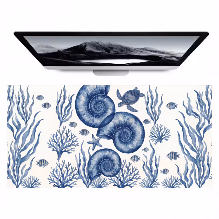 Bureau onderlegger - Schelp - Spiraal - Zeeleven - Aquarel - Blauw — 1