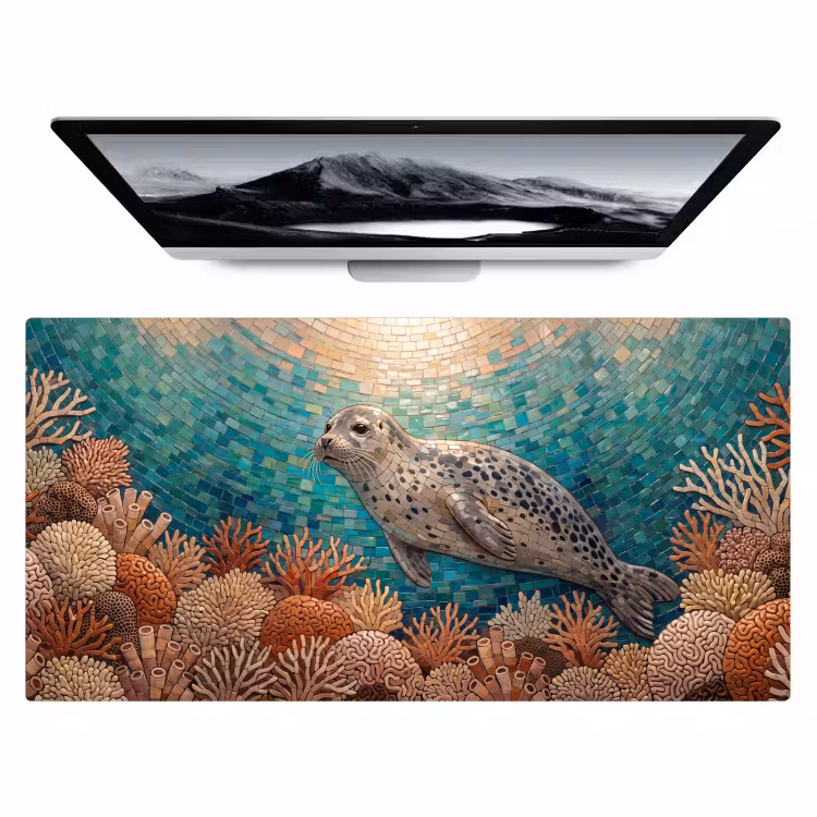 Bureau onderlegger - Zeehond - Mozaïek - Onderwater - Dieren - Blauw — 1