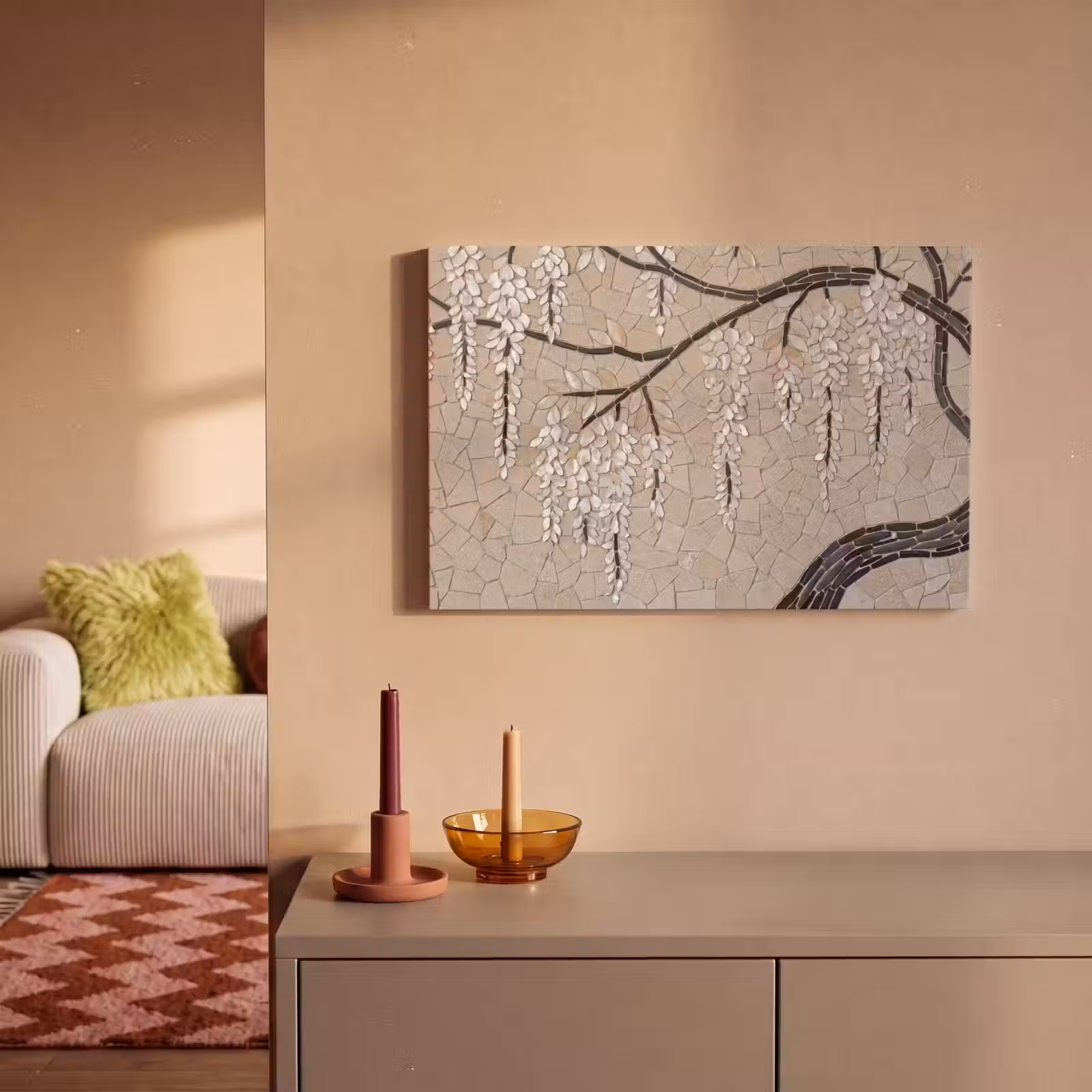 Canvas schilderij - Boom - Bloemen - Mozaïek - Kunst - Wit — 1