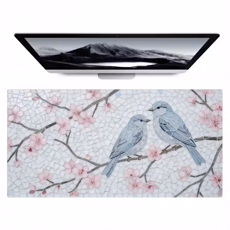 Bureau onderlegger - Vogel - Bloemen - Natuur - Mozaïek - Roze — 1
