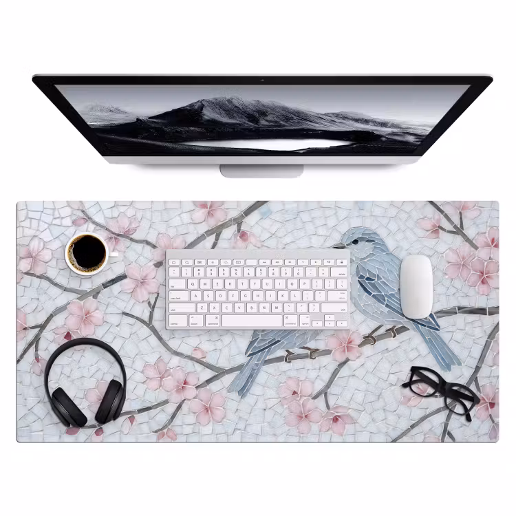 Bureau onderlegger - Vogel - Bloemen - Natuur - Mozaïek - Roze — 4