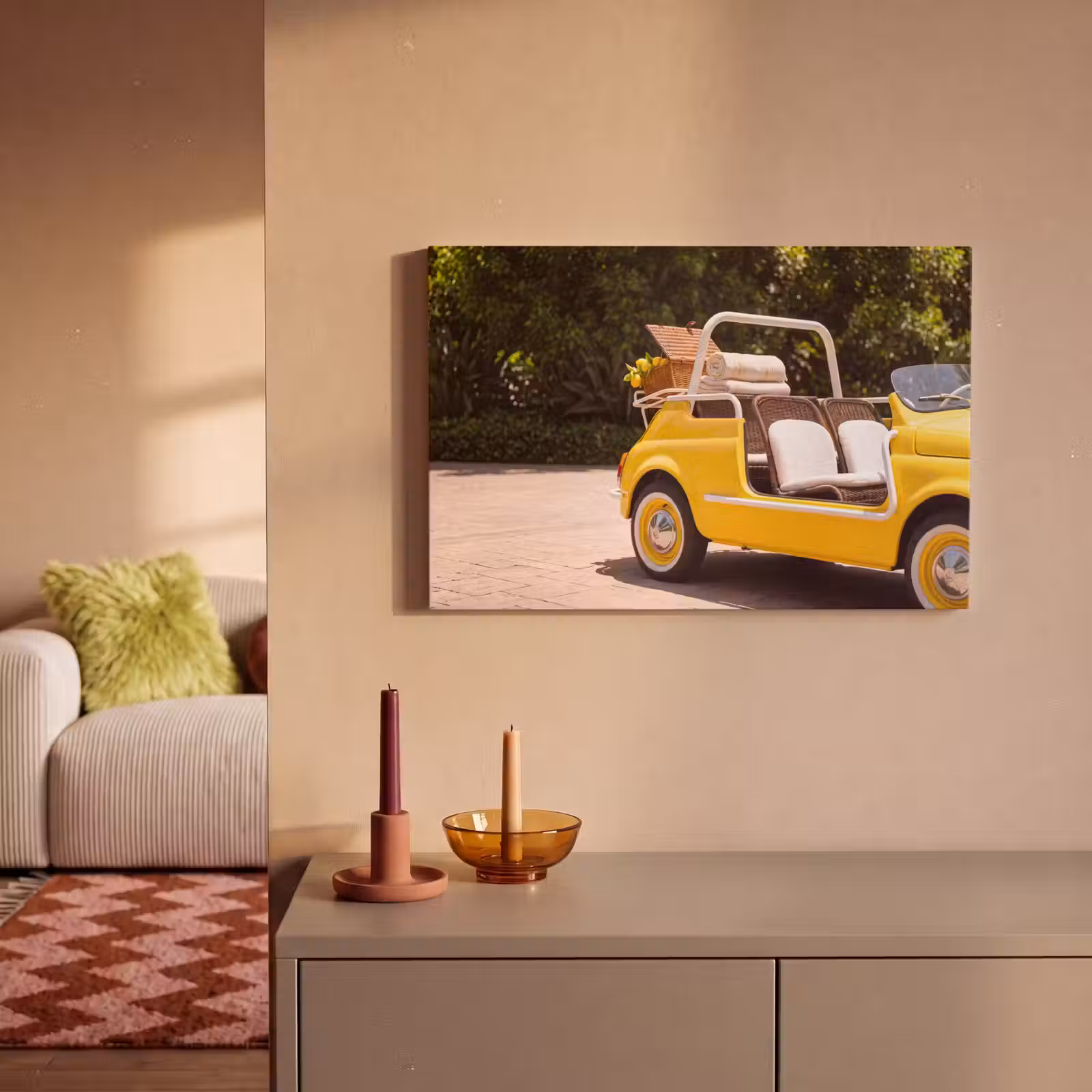 Canvas schilderij - Auto - Picknick - Zomer - Geel — 1
