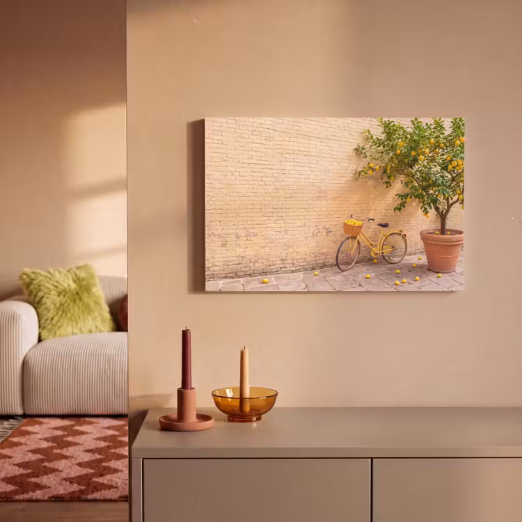 Canvas schilderij - Fiets - Mand - Eten - Geel - Zomer — 1