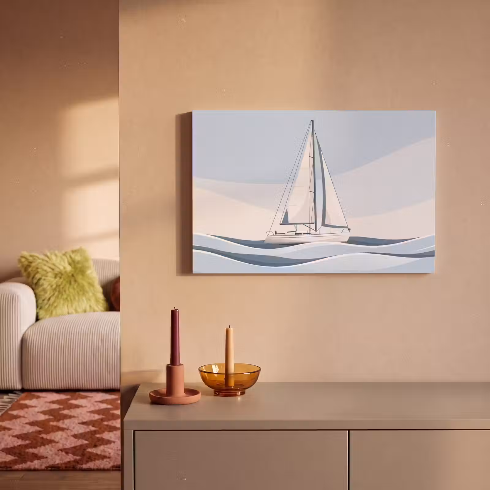 Canvas schilderij - Boot - Zeil - Zee - Modern - Beige — 1