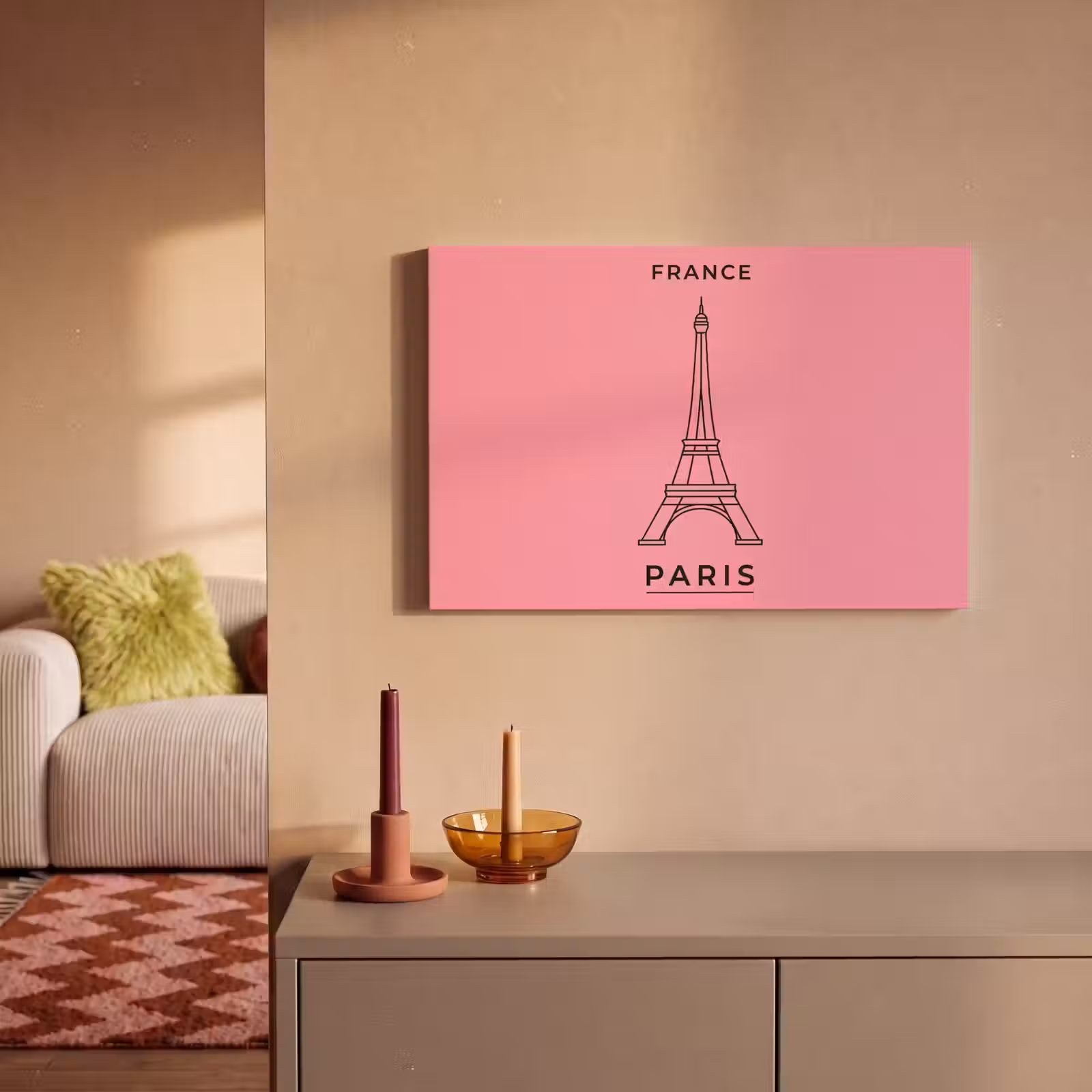 Canvas schilderij - Eiffeltoren - Parijs - Architectuur - Minimalistisch - Roze — 1