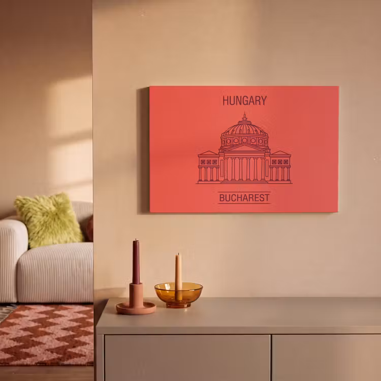 Canvas schilderij - Architectuur - Boekarest - Stedelijk - Lijntekening - Rood — 1