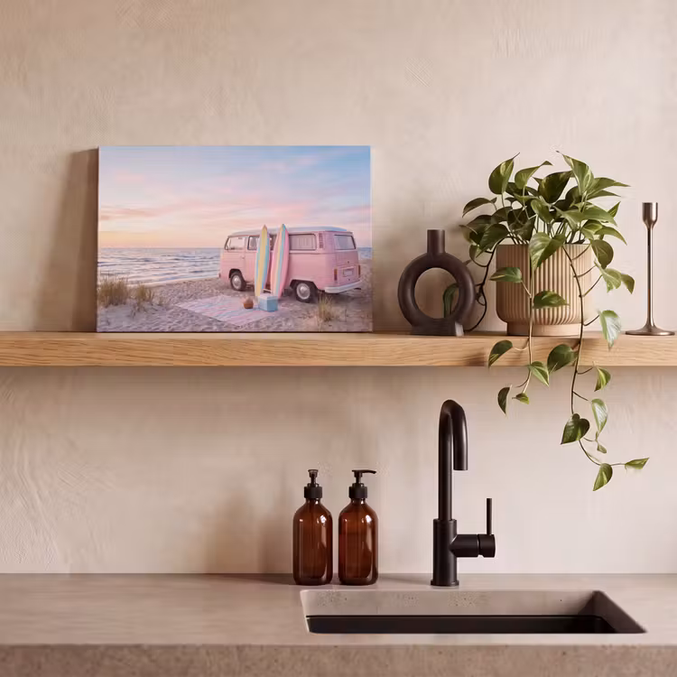 Canvas schilderij - Busje - Strand - Surfplank - Zomer - Roze — 2