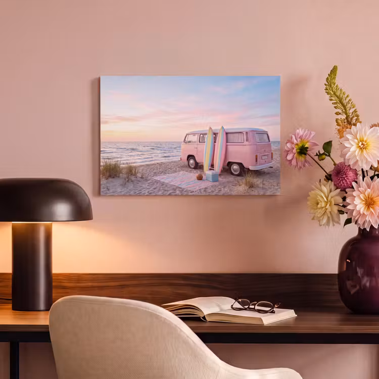 Canvas schilderij - Busje - Strand - Surfplank - Zomer - Roze — 3