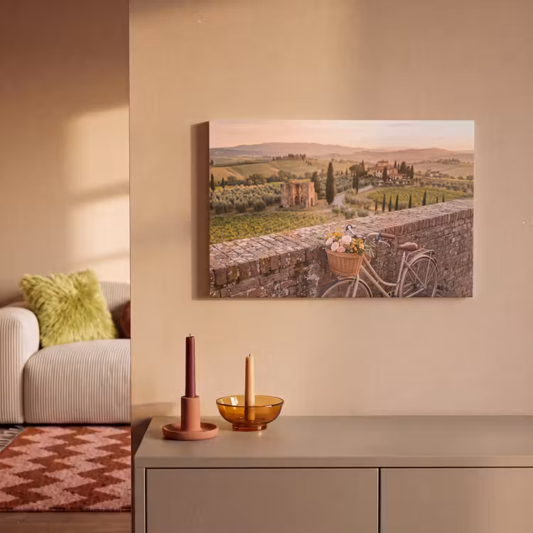 Canvas schilderij - Fiets - Bloemen - Toscane - Landschap - Roze — 1
