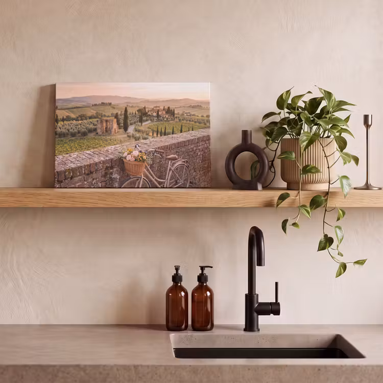 Canvas schilderij - Fiets - Bloemen - Toscane - Landschap - Roze — 2