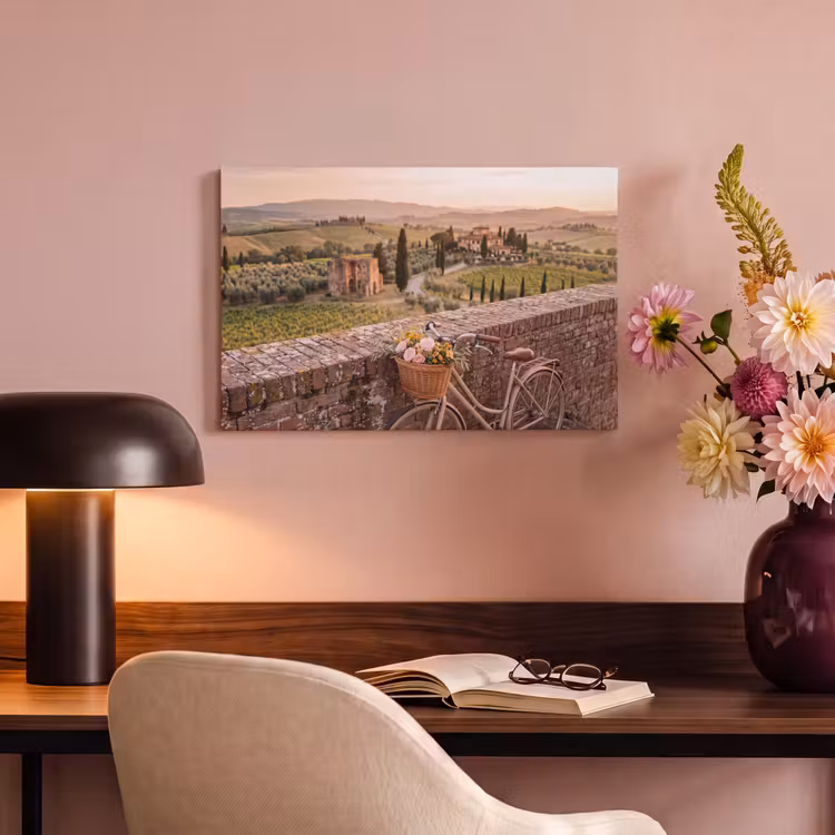 Canvas schilderij - Fiets - Bloemen - Toscane - Landschap - Roze — 3