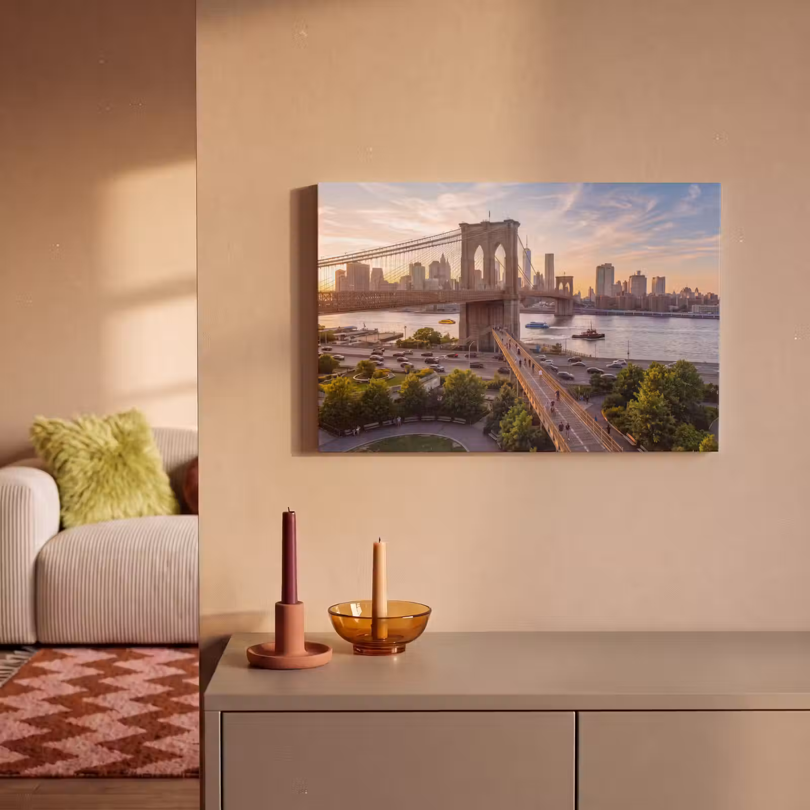 Canvas schilderij - Brug - Rivier - Stad - Zonsondergang - Architectuur — 1