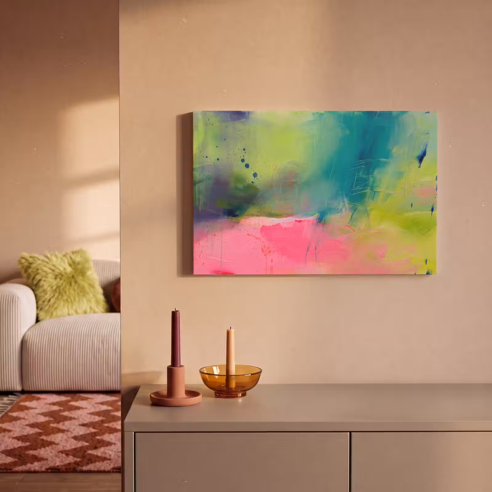 Canvas schilderij - Abstract - Kleuren - Modern - Groen - Roze — 1