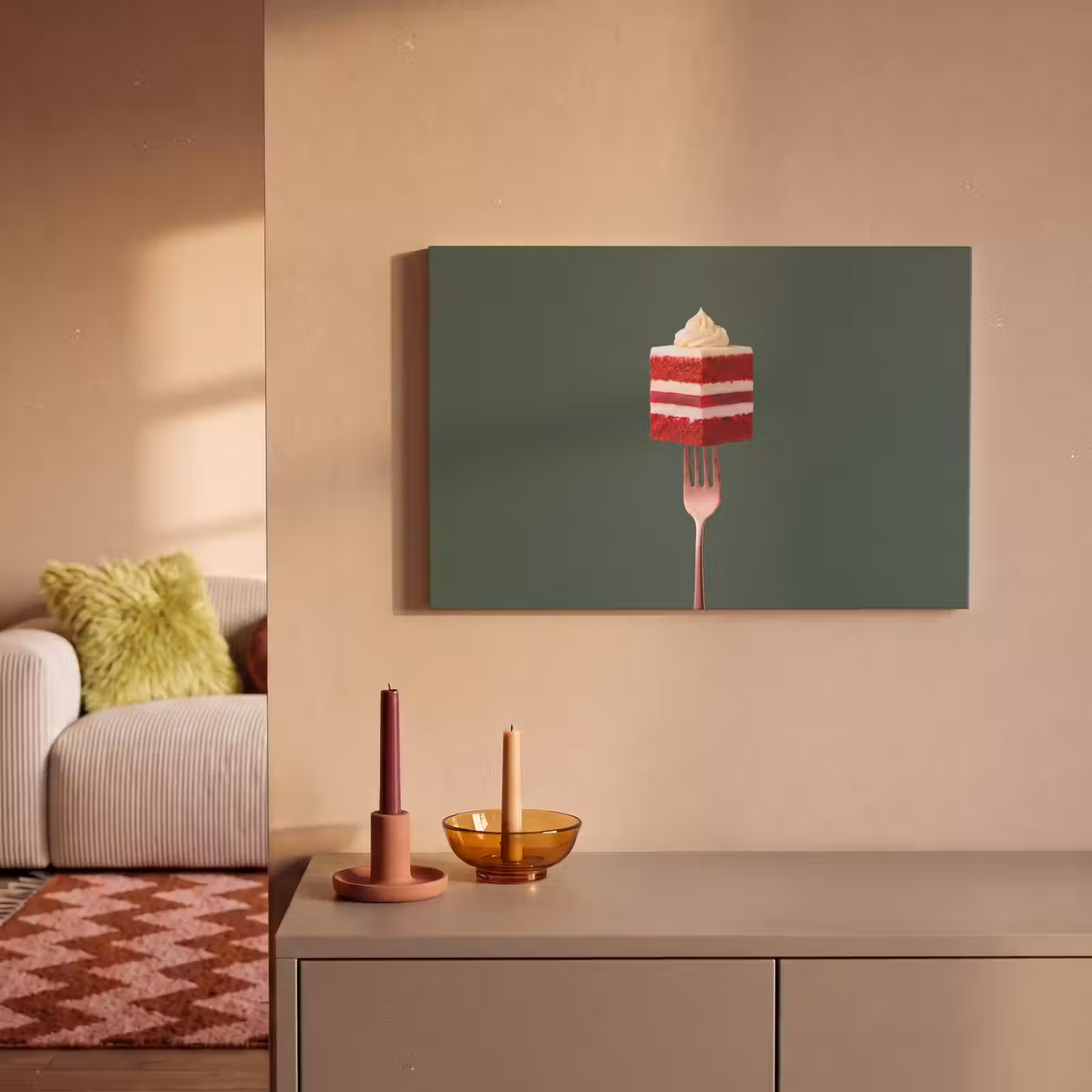 Canvas schilderij - Cake - Vork - Rood — 1