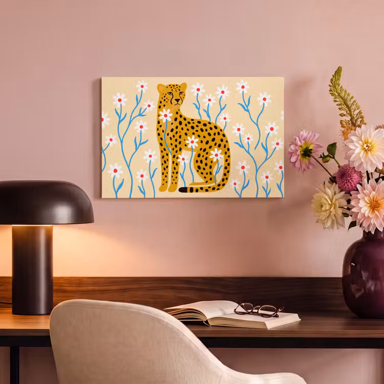 Canvas schilderij - Dieren - Jachtluipaard - Bloemen - Modern - Geel — 3