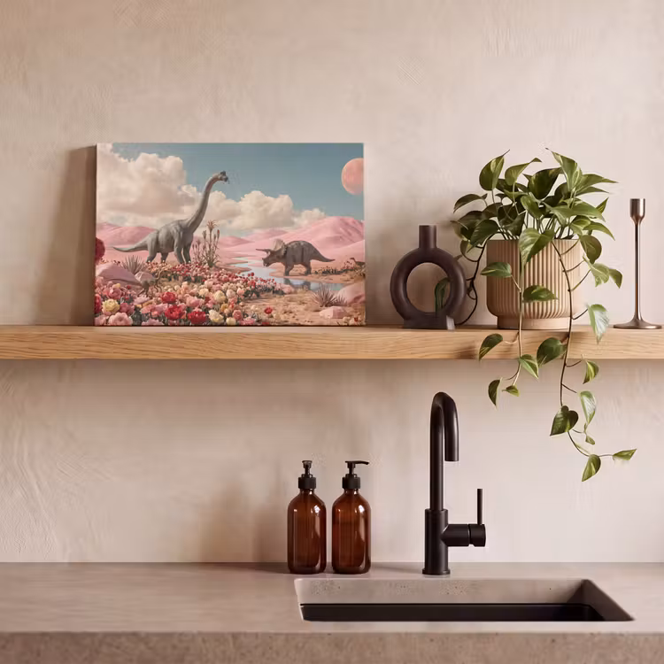 Canvas schilderij - Dinosaurus - Roze - Landschap — 2