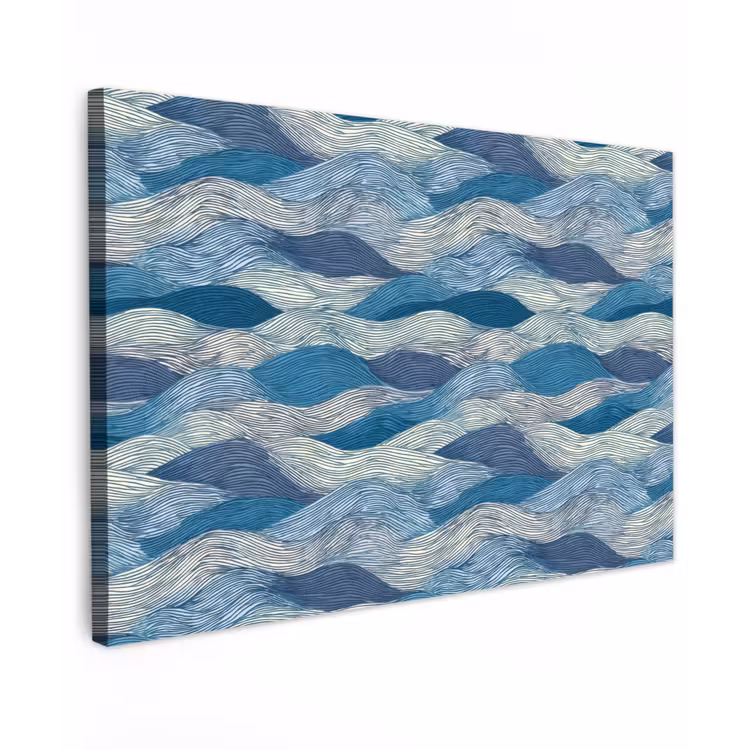 Canvas schilderij - Getekend - Blauw - Wit - Golvend - Streepjes — 1