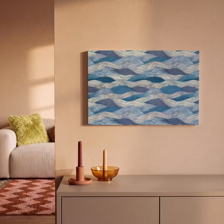 Canvas schilderij - Getekend - Blauw - Wit - Golvend - Streepjes — 2