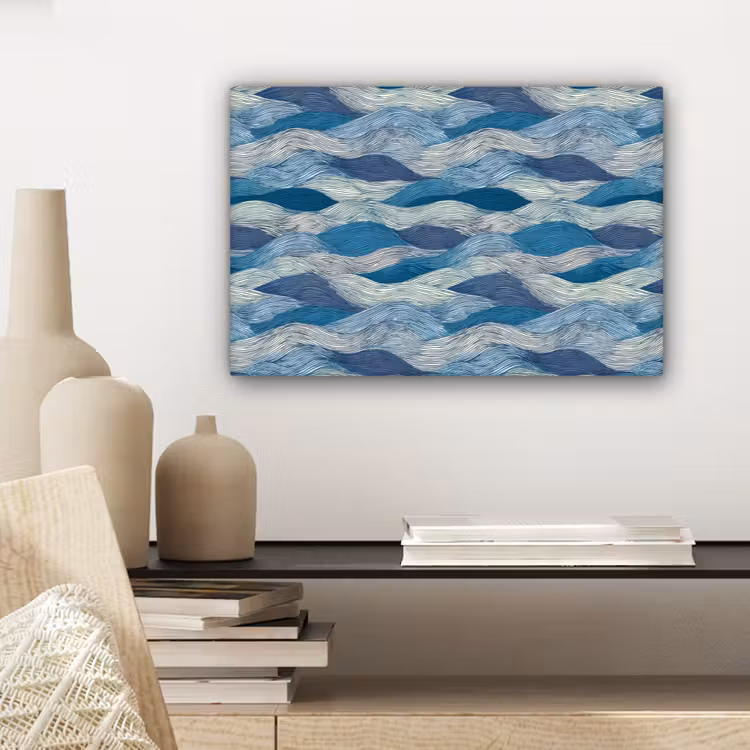 Canvas schilderij - Getekend - Blauw - Wit - Golvend - Streepjes — 5
