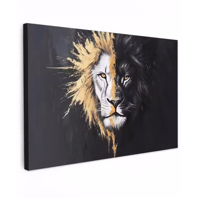 Canvas schilderij - Leeuw - Gesplitst - Zwart - Lijn — 1