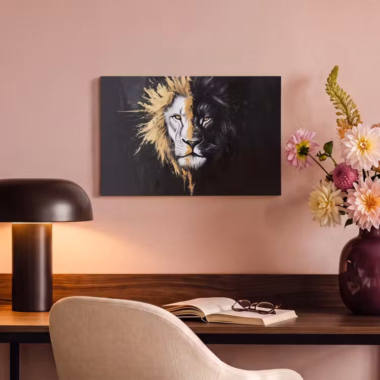 Canvas schilderij - Leeuw - Gesplitst - Zwart - Lijn — 4