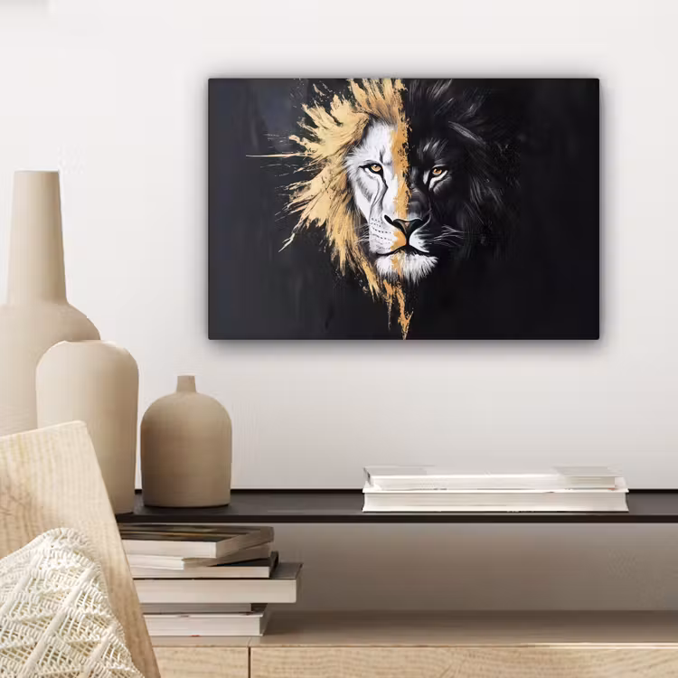 Canvas schilderij - Leeuw - Gesplitst - Zwart - Lijn — 5