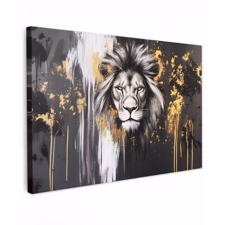 Canvas schilderij - Leeuw - Portret - Verfspatten - Grijs — 1