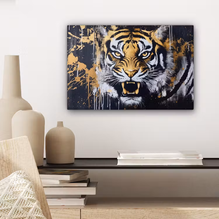 Canvas schilderij - Tijger - Verfspatten - Goud — 5