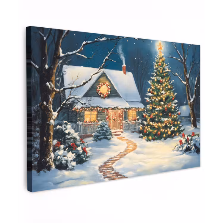 Canvas schilderij - Kerst - Kerstboom - Winter - Huis - Sneeuw — 1