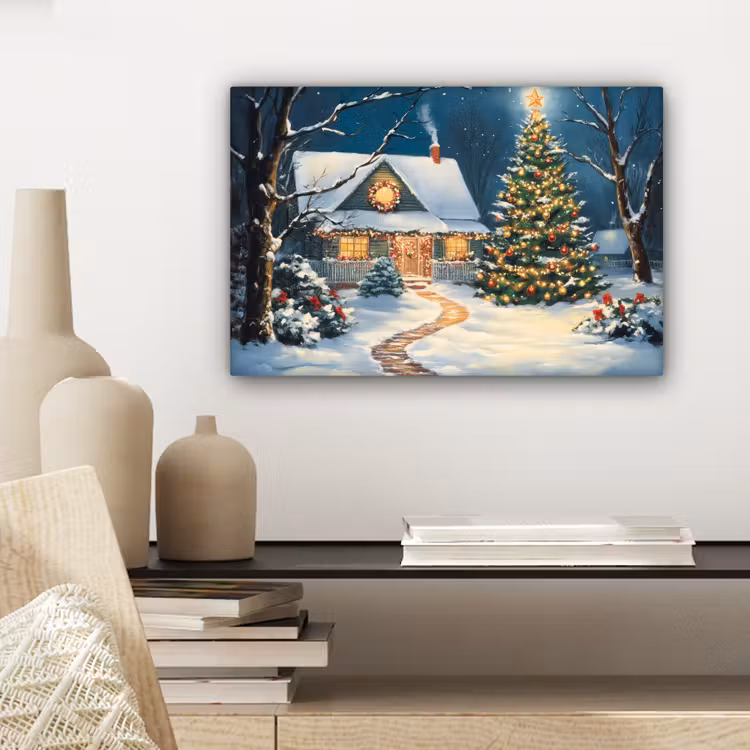 Canvas schilderij - Kerst - Kerstboom - Winter - Huis - Sneeuw — 5