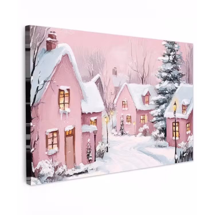 Canvas schilderij - Kerstdorp - Roze - Winter - Sneeuw - Huizen — 1