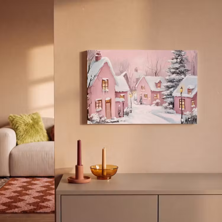 Canvas schilderij - Kerstdorp - Roze - Winter - Sneeuw - Huizen — 2