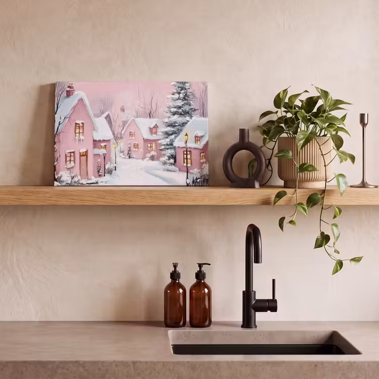 Canvas schilderij - Kerstdorp - Roze - Winter - Sneeuw - Huizen — 3