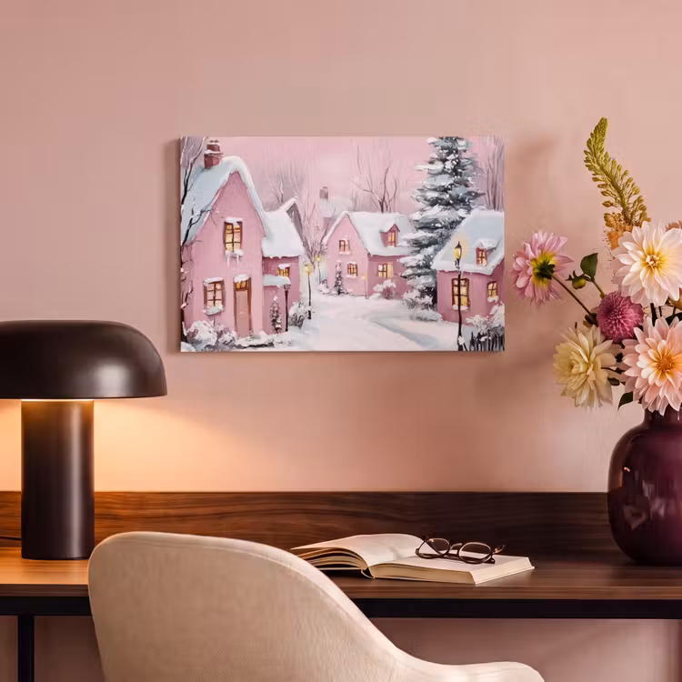 Canvas schilderij - Kerstdorp - Roze - Winter - Sneeuw - Huizen — 4
