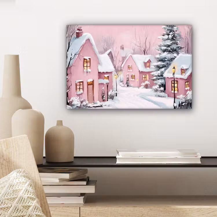 Canvas schilderij - Kerstdorp - Roze - Winter - Sneeuw - Huizen — 5