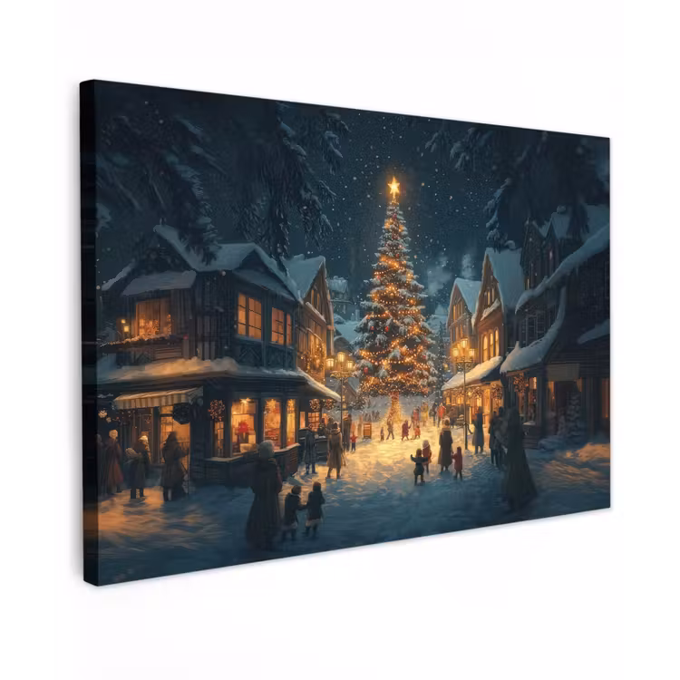 Canvas schilderij - Kerstfeest - Dorp - Donker — 1