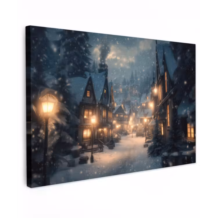 Canvas schilderij - Winterdorp - Sneeuw - Donker — 1