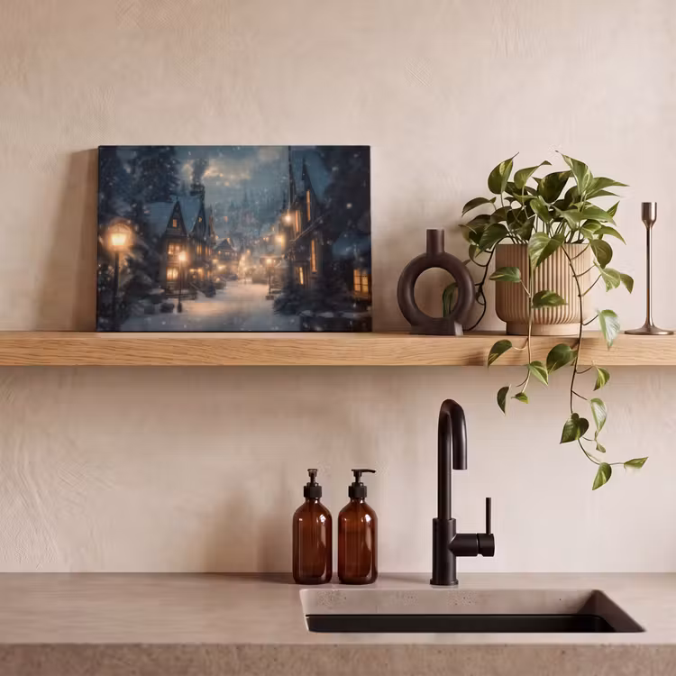 Canvas schilderij - Winterdorp - Sneeuw - Donker — 3
