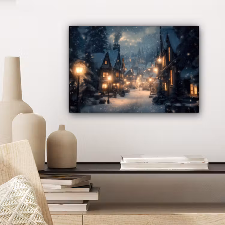 Canvas schilderij - Winterdorp - Sneeuw - Donker — 5