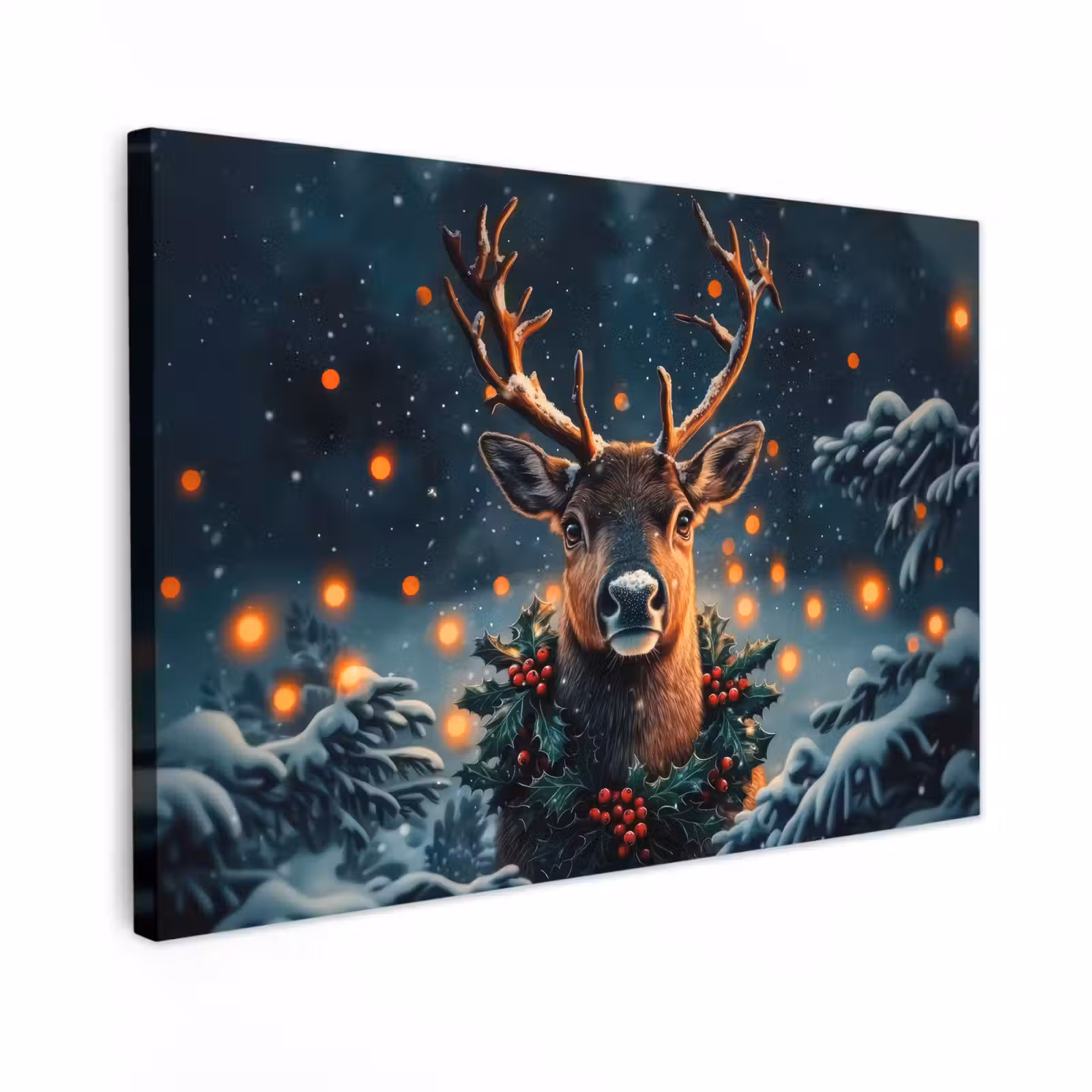 Canvas schilderij - Hert - Kerst - Winter - Sneeuw - Kerstkrans — 1