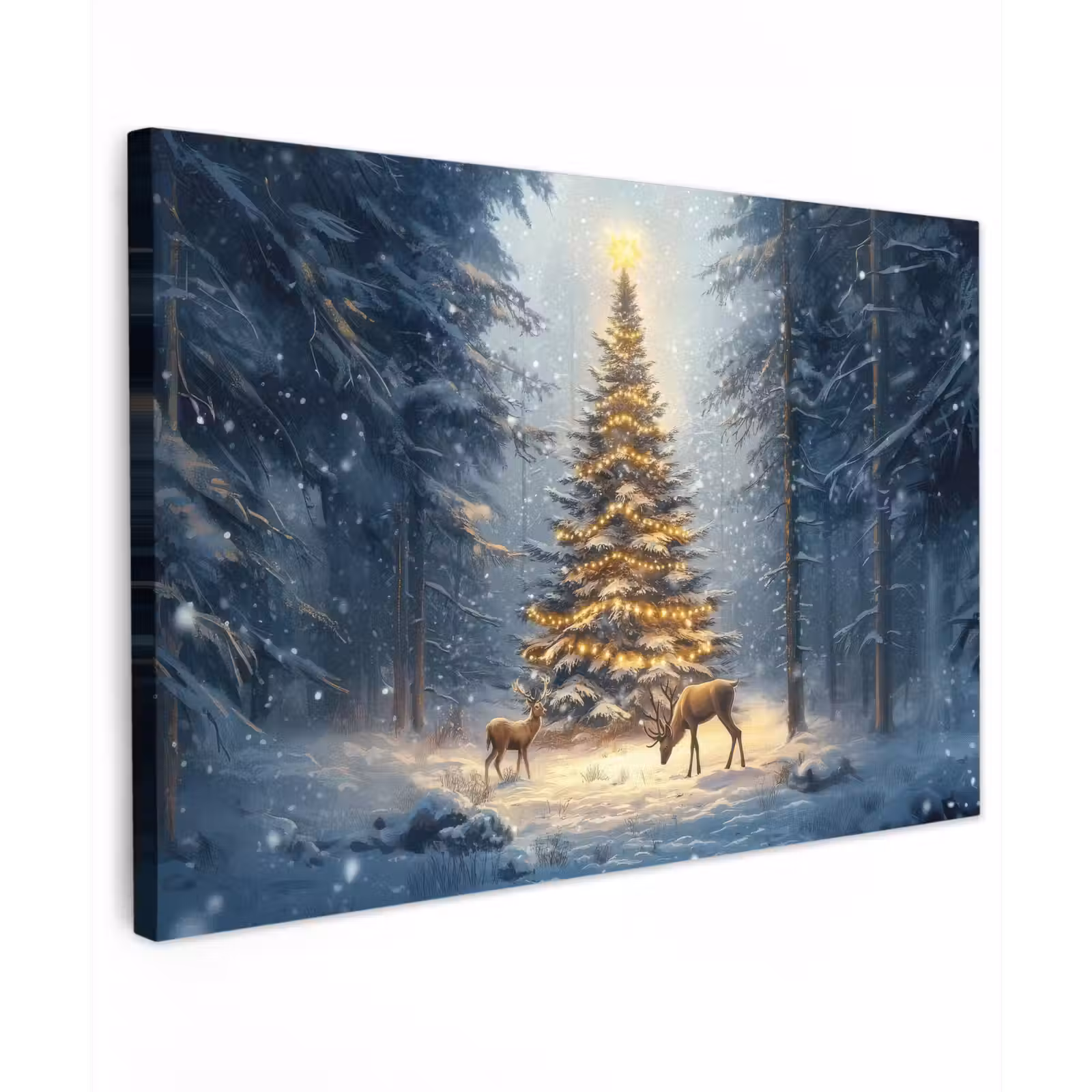 Canvas schilderij - Kerstlicht - Woud - Hert - Donker — 1