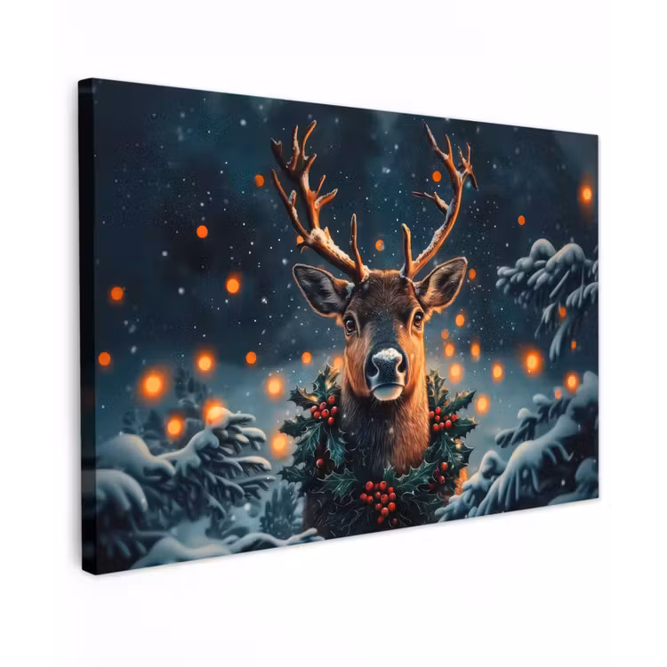 Canvas schilderij - Hert - Kerst - Winter - Sneeuw - Kerstkrans — 1