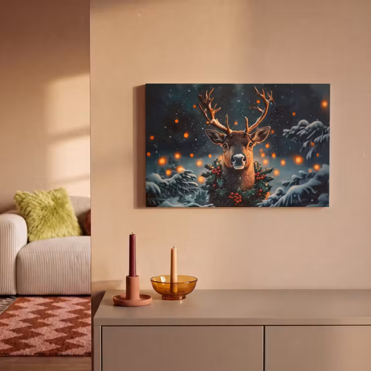 Canvas schilderij - Hert - Kerst - Winter - Sneeuw - Kerstkrans — 2